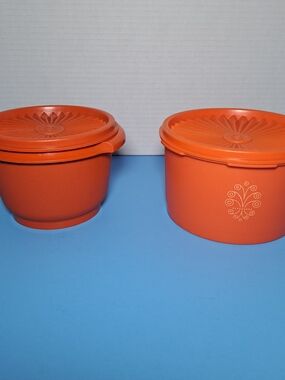 2 Orange Tupperware Containers Servalier Models 886-18 & 1298-12